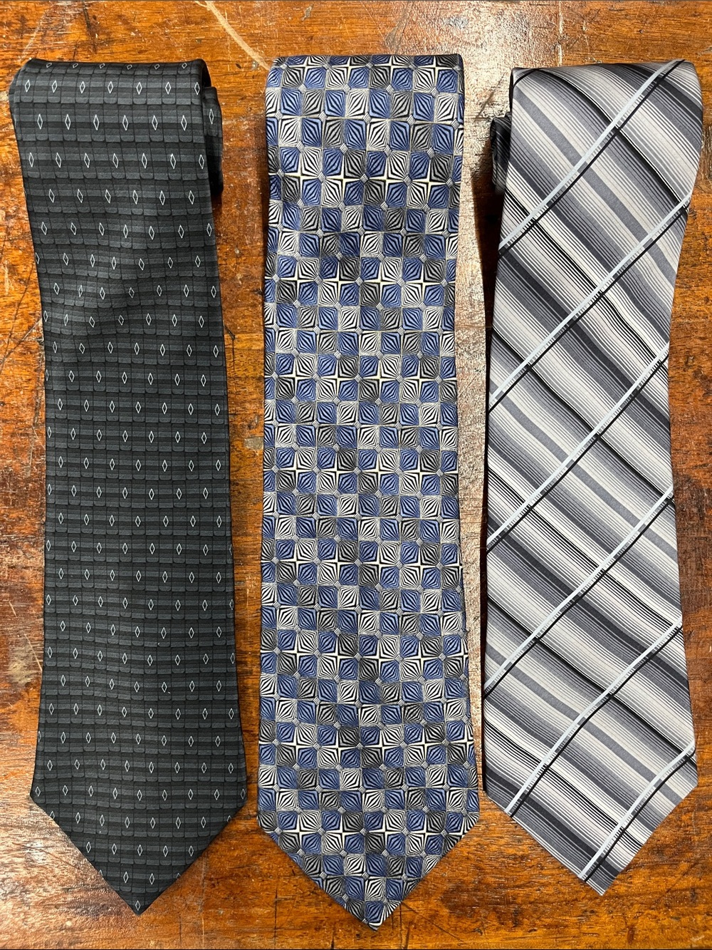 Set of 3- Stafford Silk Blue Gray Black Geometric Men's Tie - Square Pattern